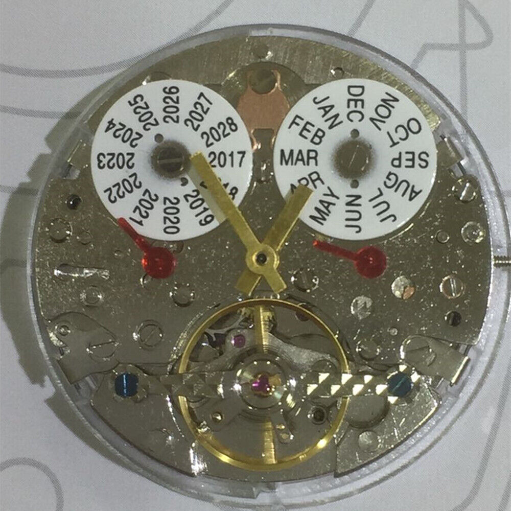 Perpetual calendar watch with mechanical movement and hollow balance wheel at 6 o'clock, China Made brand.