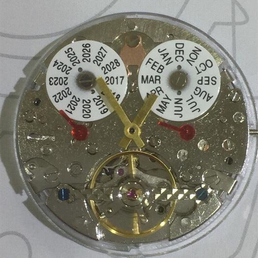 Perpetual calendar watch with mechanical movement and hollow balance wheel at 6 o'clock, China Made brand.