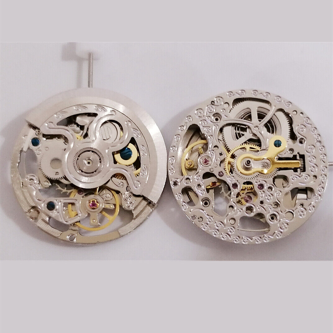 Silver 2189 hollow carved mechanical watch movement by China Made with 3 hands, showcasing intricate craftsmanship.
