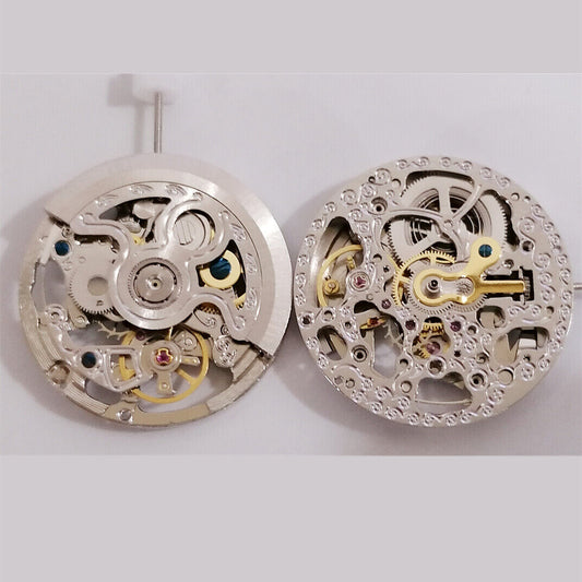 Silver 2189 hollow carved mechanical watch movement by China Made with 3 hands, showcasing intricate craftsmanship.
