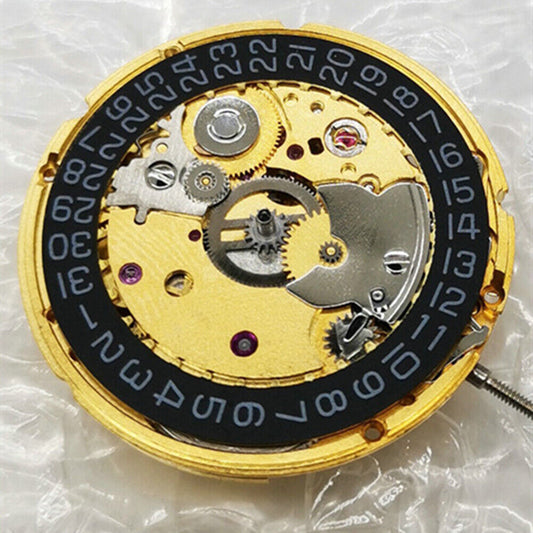 China Made Tianjin 2824-2 golden black dial watch movement with automatic mechanical wheel, ideal for watch repairs and accessories.