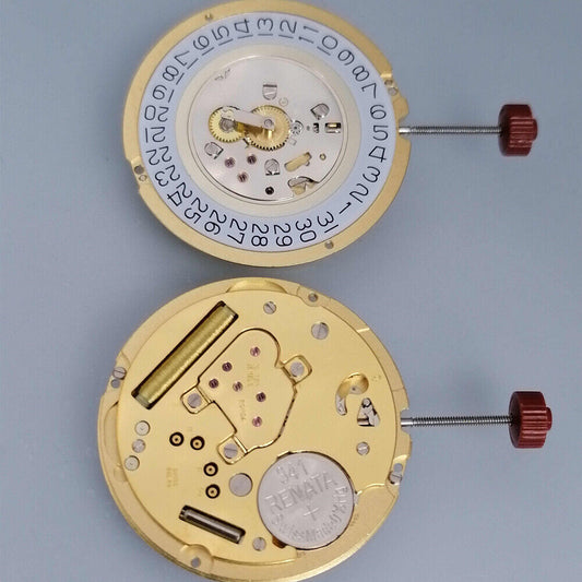 Ronda 1019 quartz watch movement with 2 hands and date display at 3 o'clock, Swiss made precision.
