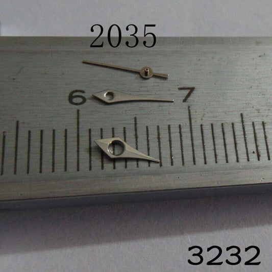 Set of black watch hands for Miyota 2035 movement, designed for precise timekeeping and easy readability.