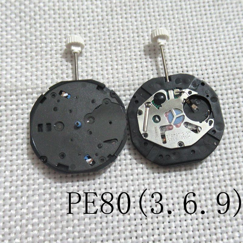 Sunon PE80 quartz watch movement with 3 hands and small seconds at 3, 6, and 9 o'clock positions.