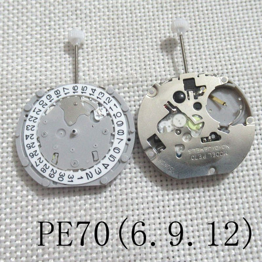 Sunon PE70 quartz watch movement with 3 hands, date at 3, and small second at 6; precision gear accessory.
