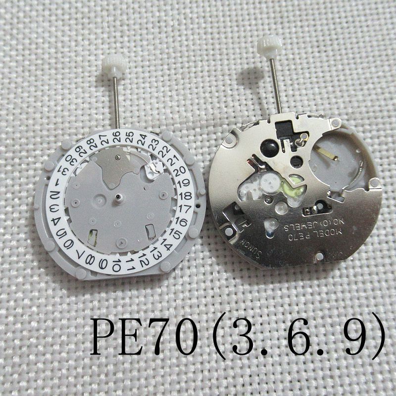 Sunon PE70 quartz watch movement with 3 hands, date at 3, small seconds at 3, 6, and 9 positions.