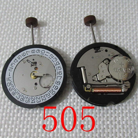 Ronda 505 quartz watch movement with date feature at 3 o'clock for precise repairs.