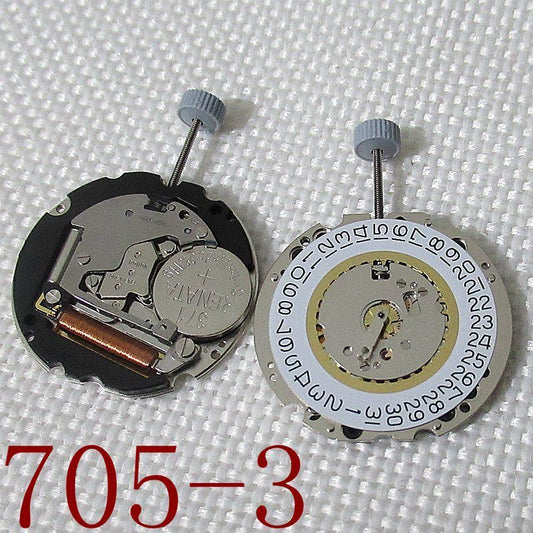 Ronda 705 quartz watch movement with date at 3 for precise timekeeping and repair.