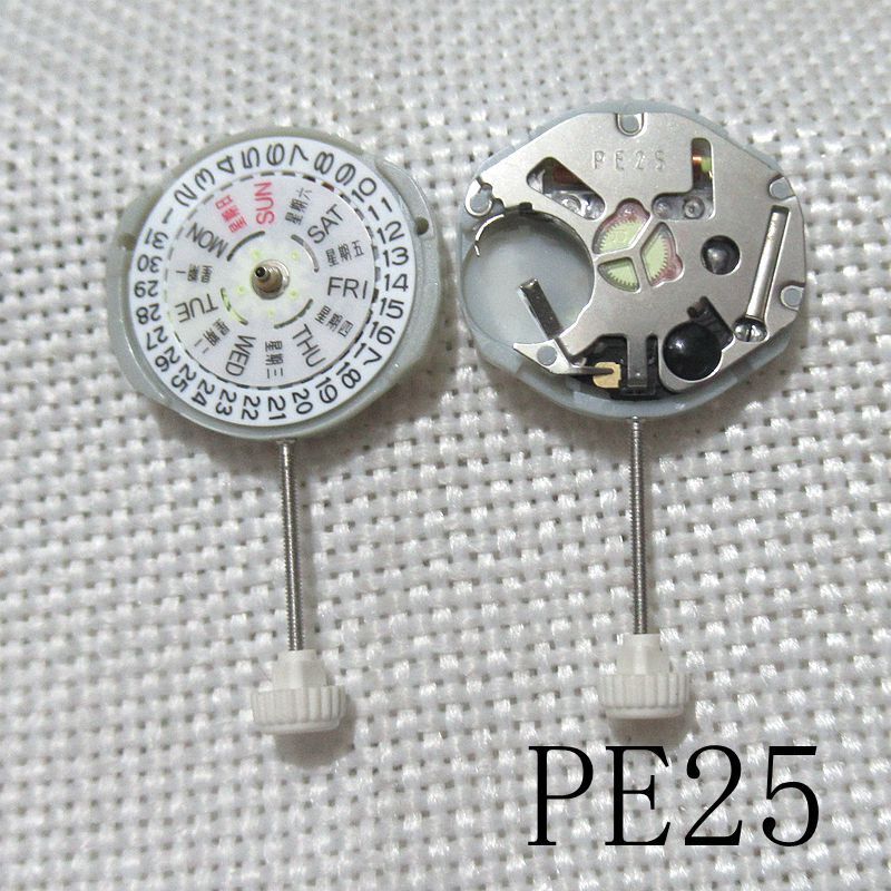 Quartz watch movement replacement with date and day display, Sunon PE25 brand, precise 3-hand design.