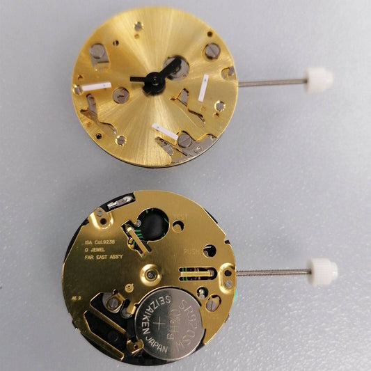ISA 9238 quartz movement by Watchmakers, golden watch repair part for precise timekeeping.