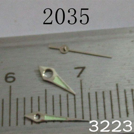Luminous watch hands set for Miyota 2035 movement, enhancing nighttime readability.
