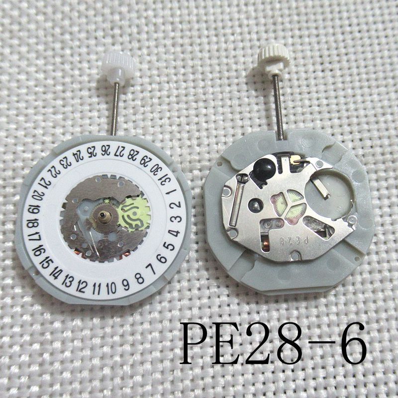 Sunon PE28 quartz watch movement with 3 hands and date display at 6 o'clock for replacement.