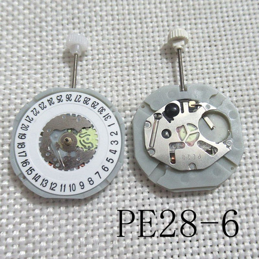 Sunon PE28 quartz watch movement with 3 hands and date display at 6 o'clock for replacement.
