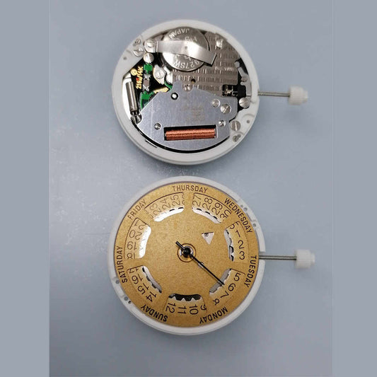 Watchmakers ISA 1198 quartz movement with day-date function and golden dial, date at 3 o'clock, replacement part.