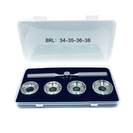 BRL Watch case back opener wrench tool kit with dies for precise watch repair and maintenance.