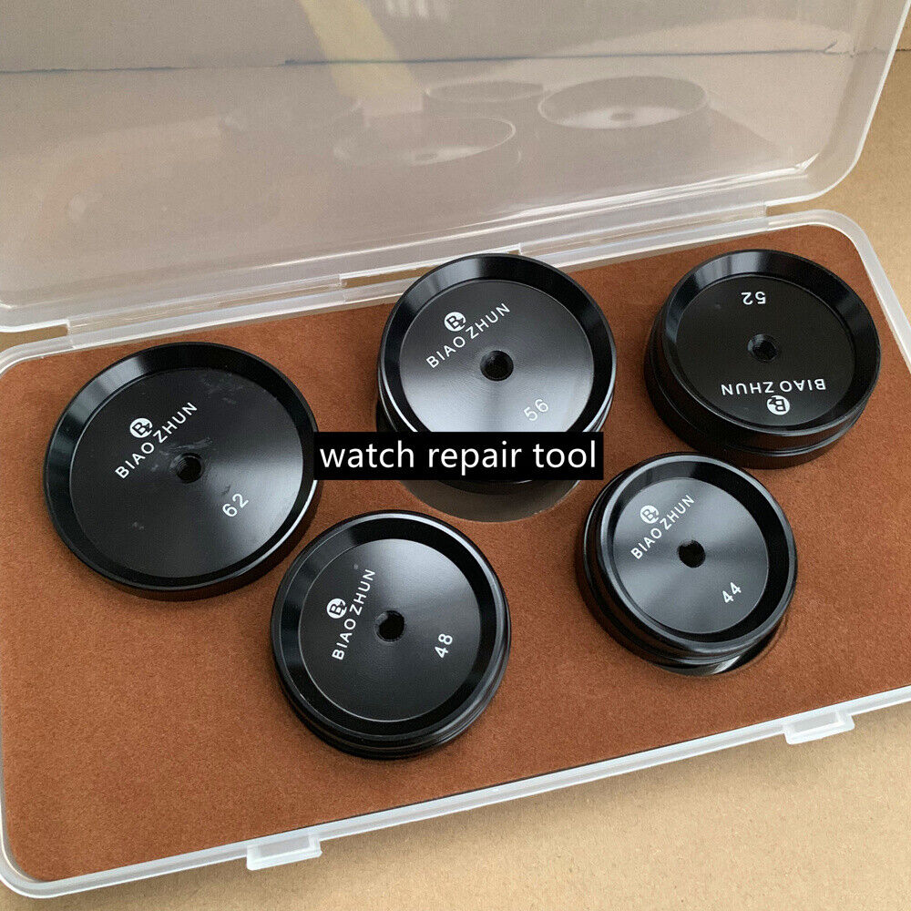 Set of 5 rubber watch press dies for base case repairs, compatible with various brands and models.