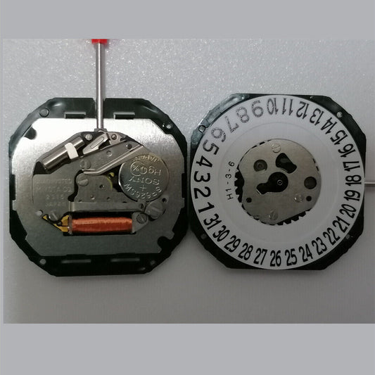 Quartz Miyota 2315 movement with date at 6 and watch stem, precise 3-hand mechanism for watch repairs.