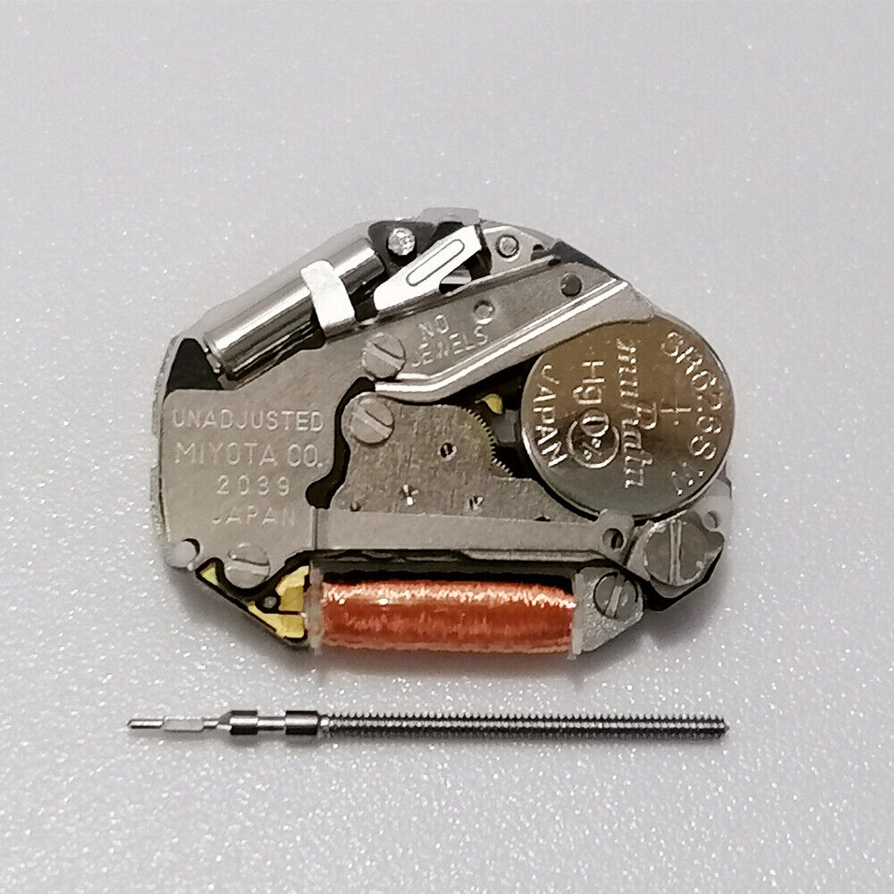 Quartz movement Miyota 2039 with 3 hands and high pinion, featuring watch stem for precise timekeeping.