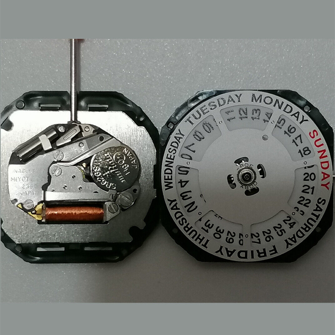 Quartz watch movement Miyota 2350 with 3 hands, day-date function, and stem for precise timekeeping.