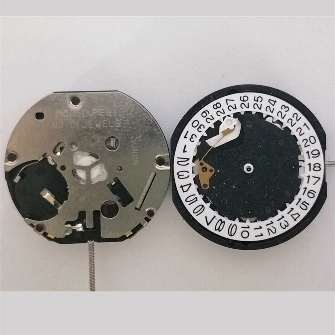 Sunon PE81 quartz watch movement with 3 hands, date at 3, and small seconds at 3, 6, and 9 positions.