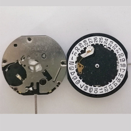Sunon PE81 quartz watch movement with 3 hands, date at 3, and small seconds at 3, 6, and 9 positions.