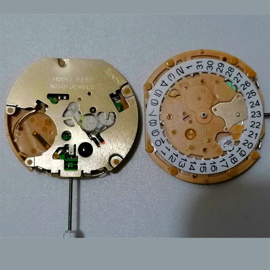 Sunon PE60 quartz watch movement with 3 hands, date at 3, small seconds at 3, 6, and 9 positions.
