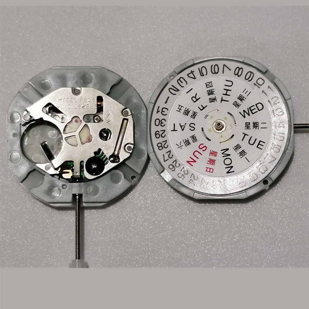 Sunon PE28 quartz watch movement with day-date function and three hands for accurate timekeeping.