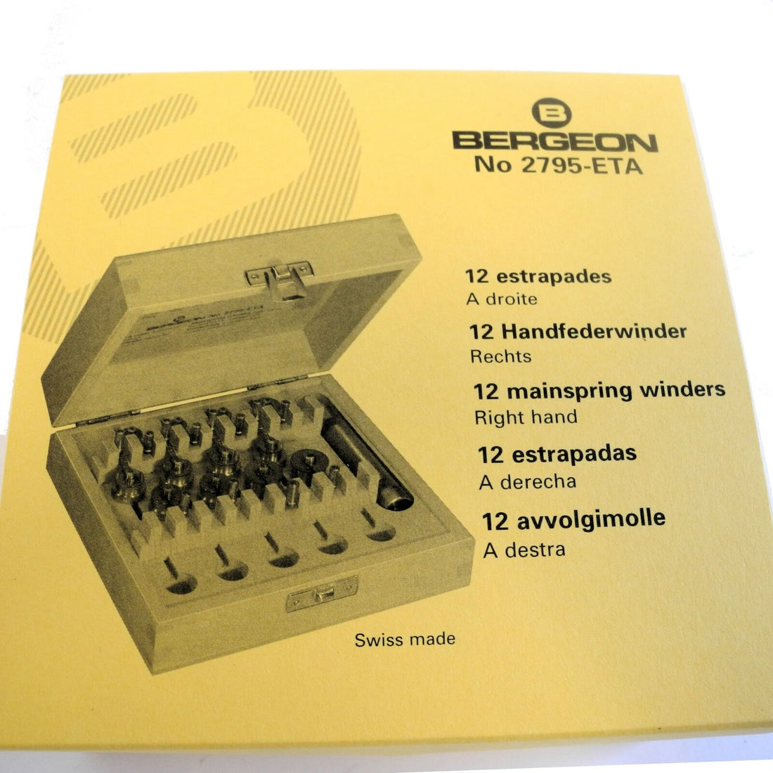 Bergeon 2795-ETA mainspring winder set for ETA calibres, 12-piece watch accessory toolkit.