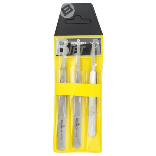 Bergeon 7024 set of 3 precision non-magnetic tweezers for watch repair and assembly.