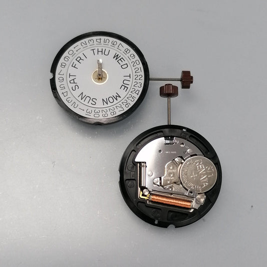 Ronda 517 Swiss quartz watch movement with day at 12 and date at 3 for precise timekeeping