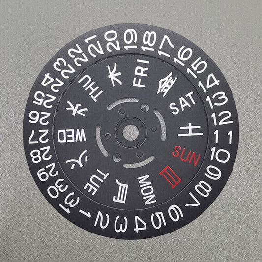 Black date and week wheels with white font for NH36 movement, compatible with watch repairs and customization.
