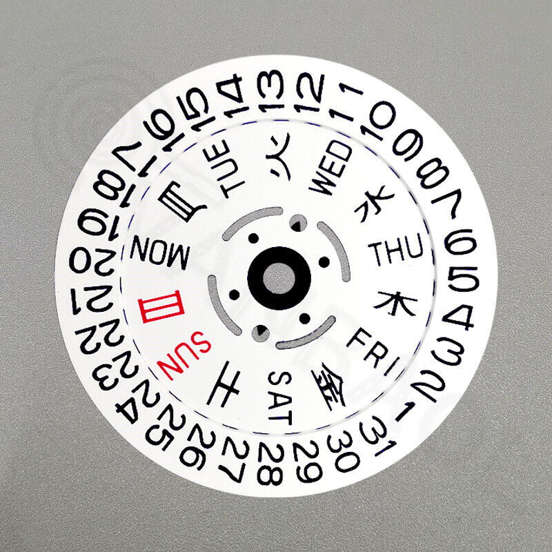 Japanese and English date and week wheels for NH36 movement, white font on disk, precision fit.