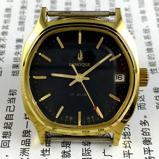 34mm Kongque black manual mechanical watch with 17 jewels and single calendar display.
