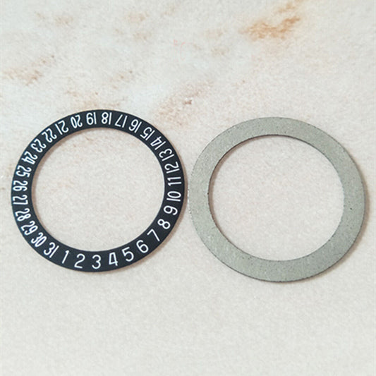 White font date wheel with black overlay for Miyota 8215 watch movement, date window positioned at 6 o'clock.