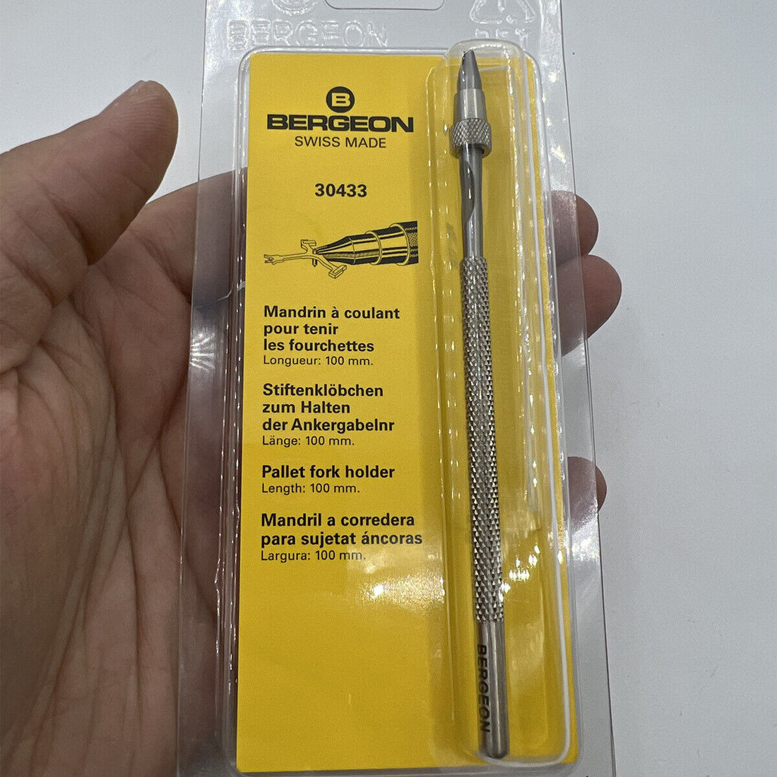 Bergeon 30433 pallet fork holder for precise watch repair, essential Swiss watchmaker tool.
