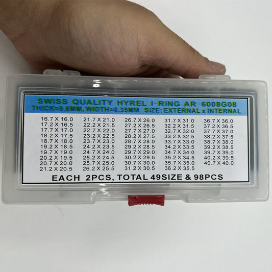 AR-6008G08 waterproof O-ring watch back gasket washers, 49 sizes, 98PCS box, durable seal for watch repairs.