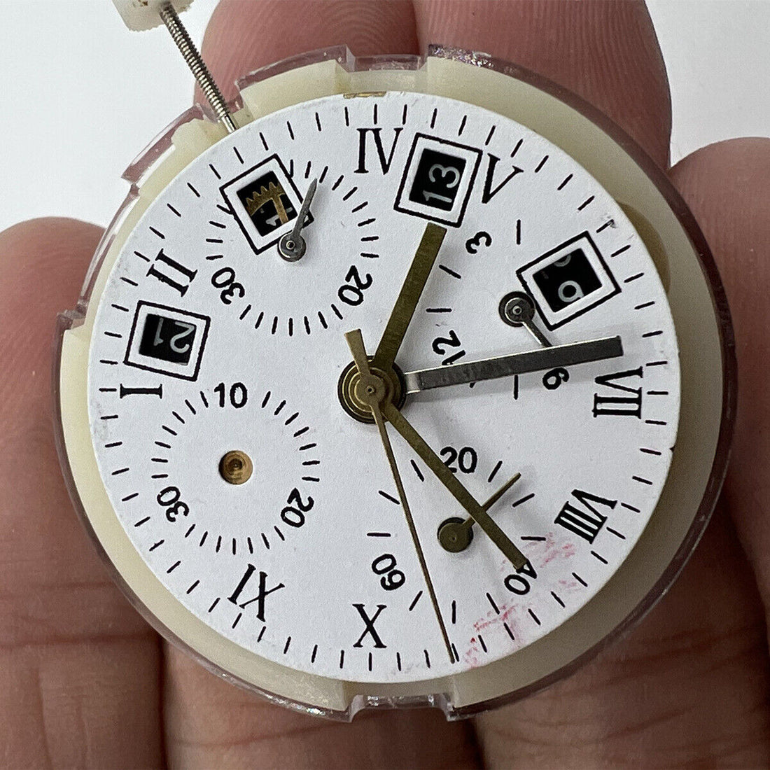 China Made 7750 GMT watch movement with 3 hands, small second at 9, automatic mechanical mechanism.