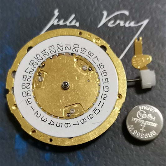 ETA 251.272 Swiss Made golden quartz watch movement with three hands and date at 4 o'clock for precise timekeeping.