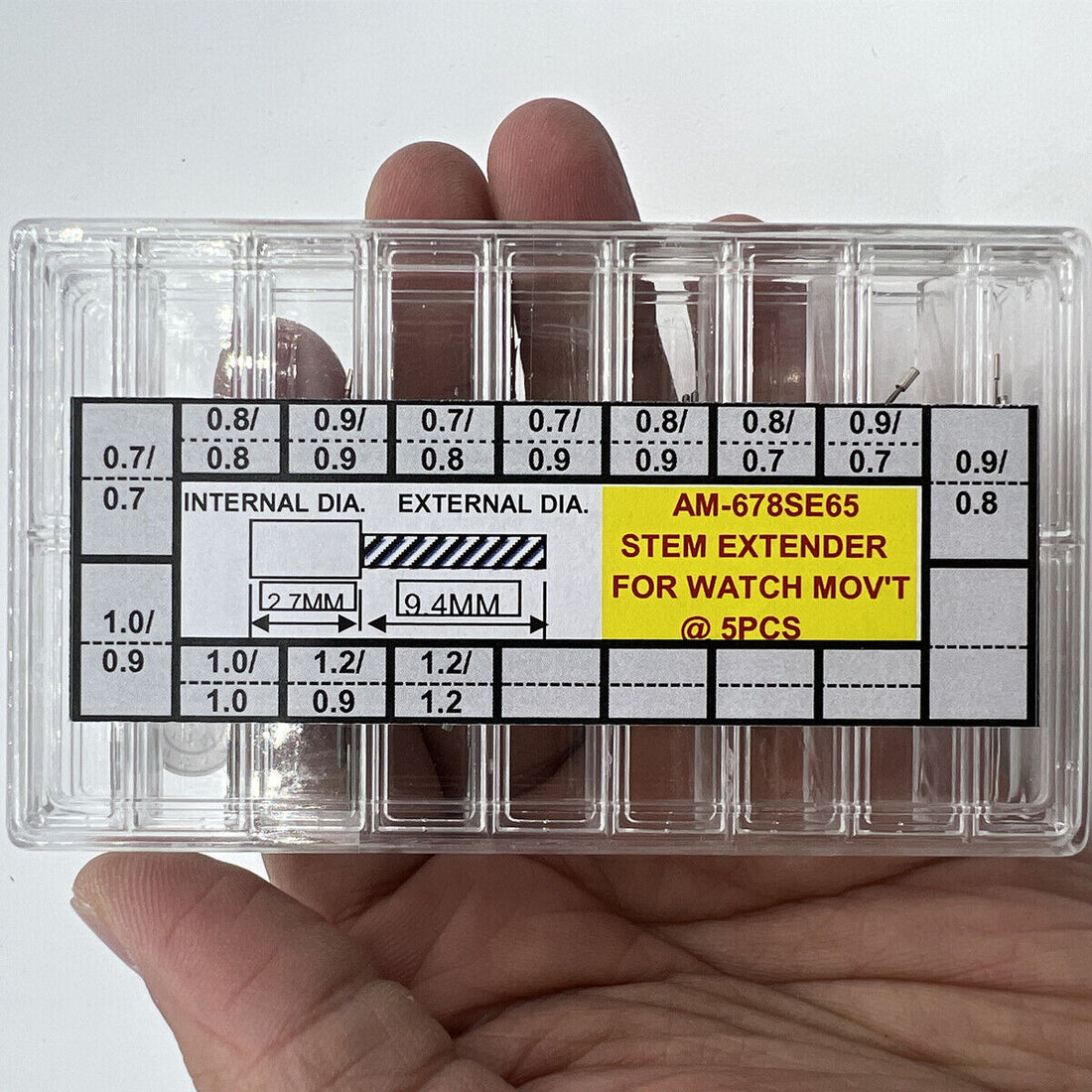 AM-678SE65 watch winding stem extenders set, 65 pieces in 13 sizes, for precise movement adjustment by AM brand.