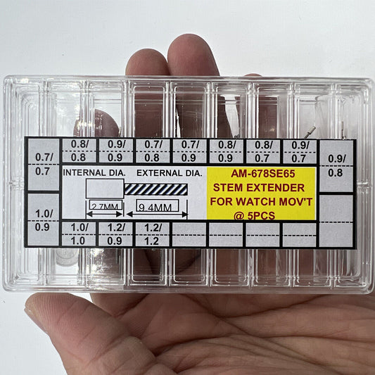 AM-678SE65 watch winding stem extenders set, 65 pieces in 13 sizes, for precise movement adjustment by AM brand.