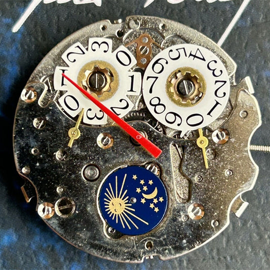 Seagull T16 watch with big date at 12 and moon phase at 6, automatic mechanical movement, China made.
