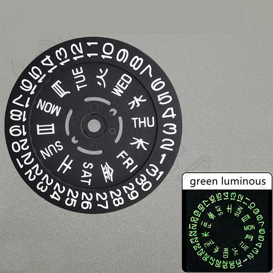 Green lume black date and week wheels for NH36 movement, enhancing watch accessory functionality.
