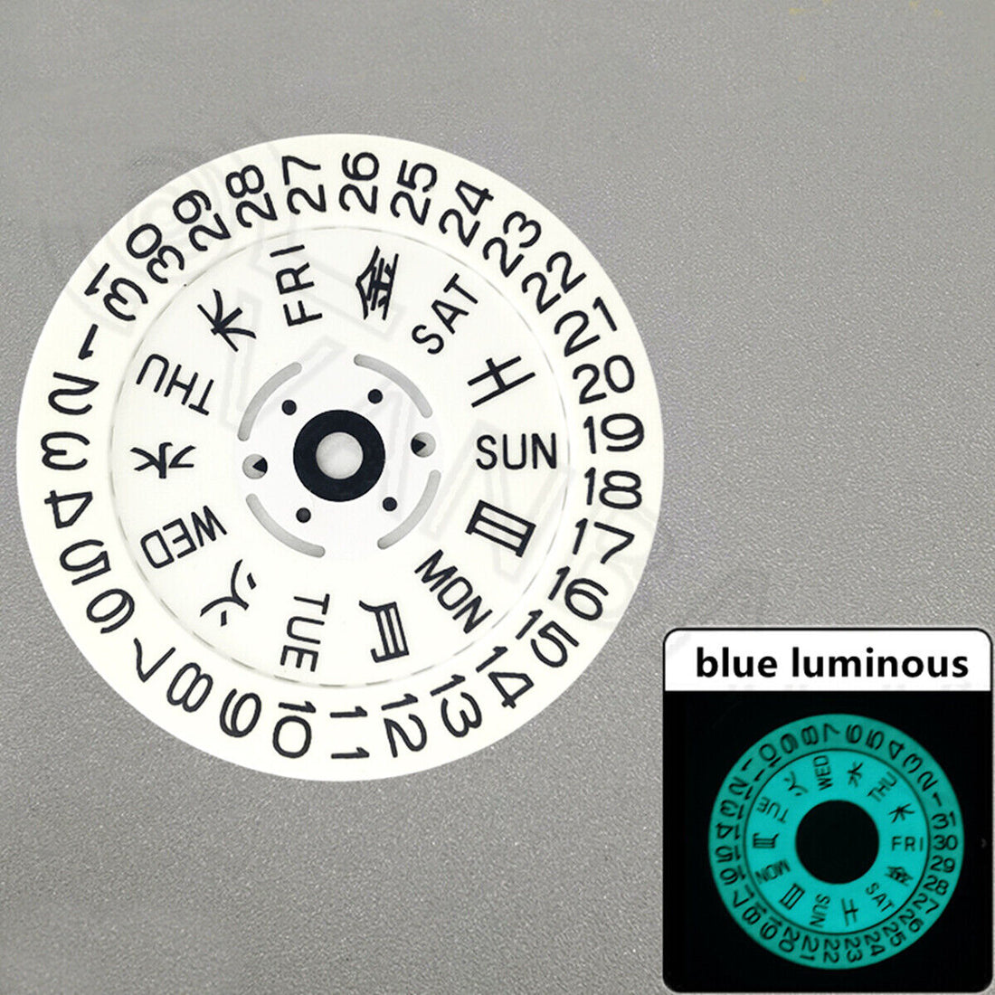 Japanese font blue lume watch dial with white date and week wheels for NH36 movement, brand quality