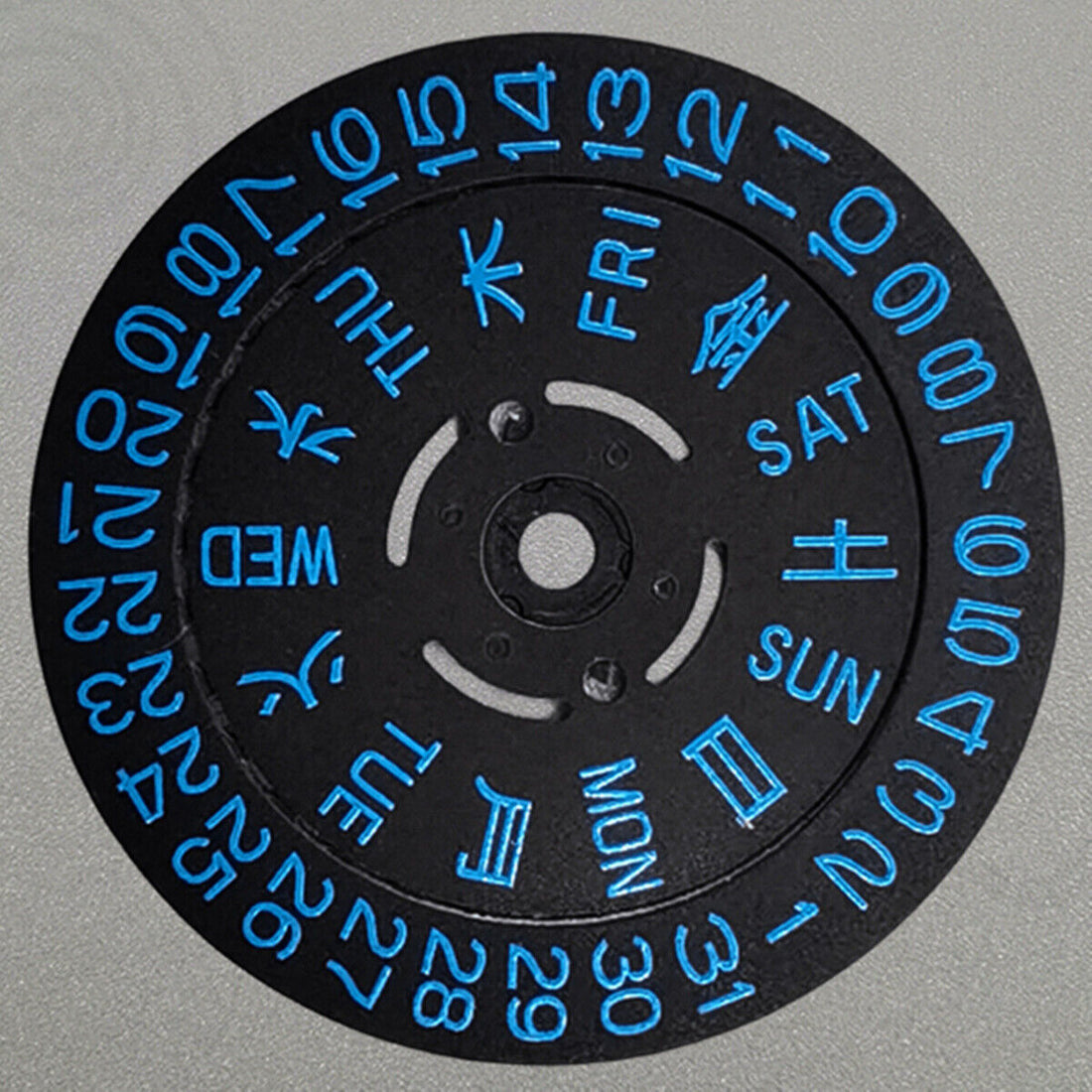 Original Japan-made NH36 watch movement date disk wheel in blue font, date positioned at 3.8, for precise timekeeping.