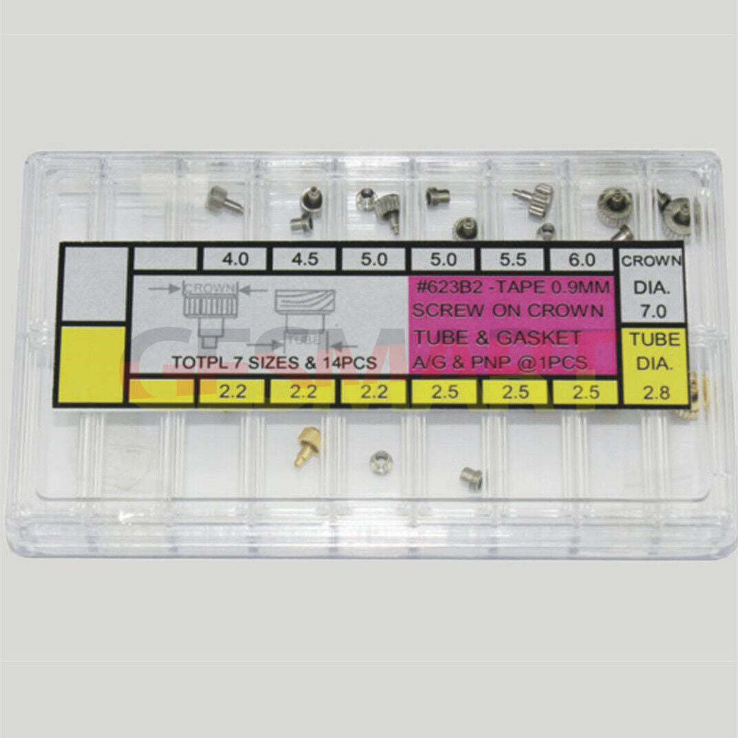 16pcs stainless steel watch crowns in silver and gold with screw-on tubes and gaskets