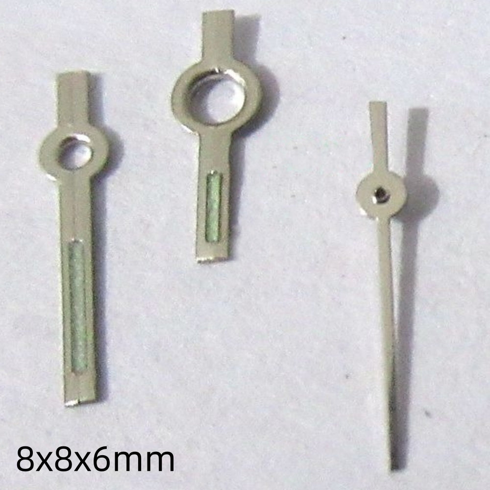 8mm square pointed silver-trimmed green lume watch hands set for Miyota 2035, 2115, 2105 movements.