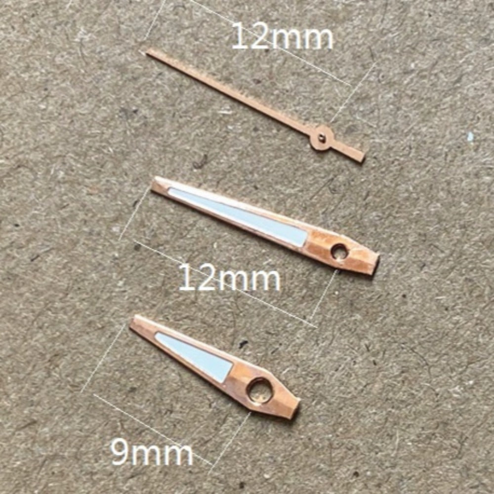 Rose golden arrow-shaped watch hands, 12x12x9mm, compatible with Miyota 2035 quartz movement.