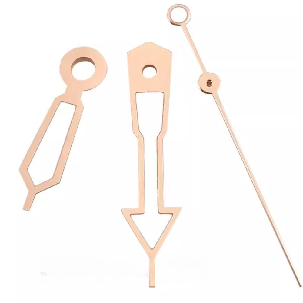 Rose gold lume watch hands set for NH34-NH39 movements, elegant timing accessory.