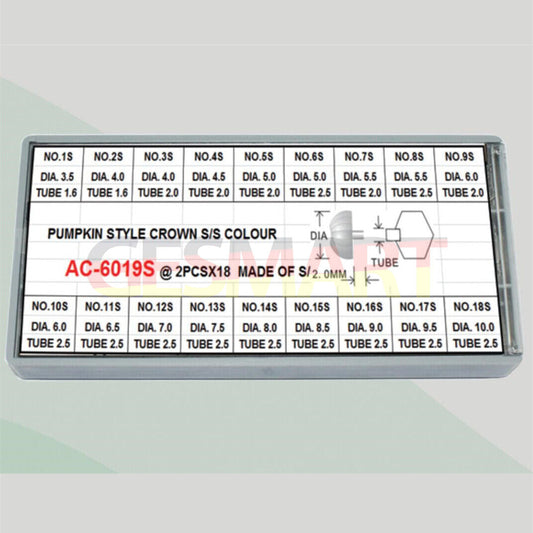 1. Stainless steel silver watch crowns, 36pcs in 18 sizes for precise watch repairs.  
