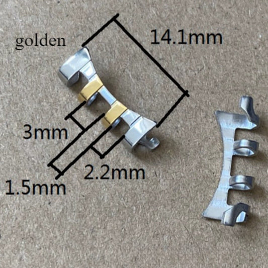 Golden and silver curved end spring bars for watch bands, 14.1x3x2.2mm, compatible with bracelet straps.